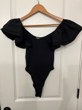 Zara Black Off-Shoulder Ruffle Bodysuit
